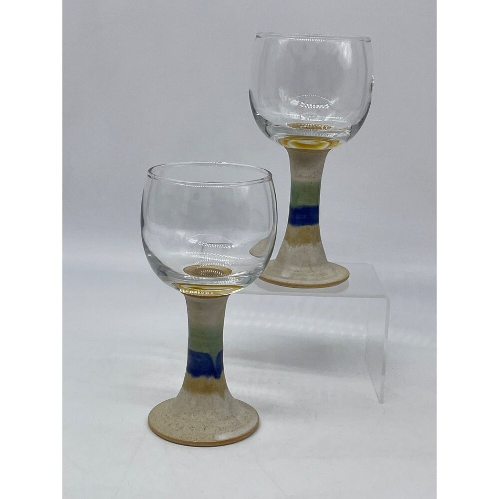Handcrafted Stemmed Glass Goblets Ceramic Base & Colorful Design 2-Piece Set